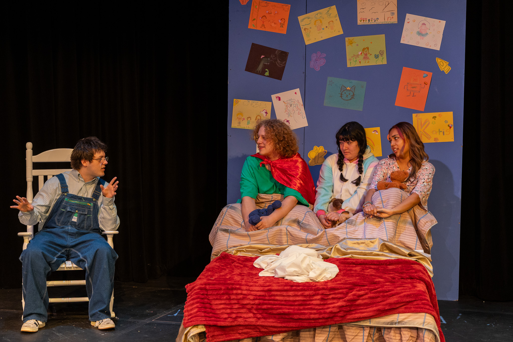 The Wharton County Junior College Drama Department will present “Bestest Bedtime Stories (As Told by Our Grandpa) (He’s Silly)” at noon Saturday at the Horton Foote Theatre on the Wharton campus. Pictured, from left, are Sammuel Robinson of El Campo, Charles Arriaga of Sealy, Mckenna Flores of Richmond and Genesis Molina of Hungerford. 