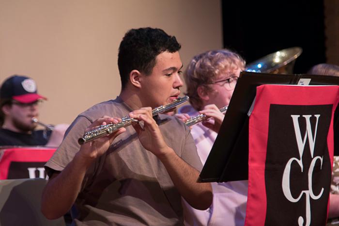 The Wharton County Junior College Band will present the “Orchestral Gems for Band” concert at 3 p.m. and 7 p.m. Tuesday, Oct. 28, at the Horton Foote Theatre in the Duson-Hansen Fine Arts Building on the Wharton campus. Both performances are open to the public and free of admission. Students shown practicing are, from left, Lionel Vera of Richmond and Aidan Meek of Hungerford.