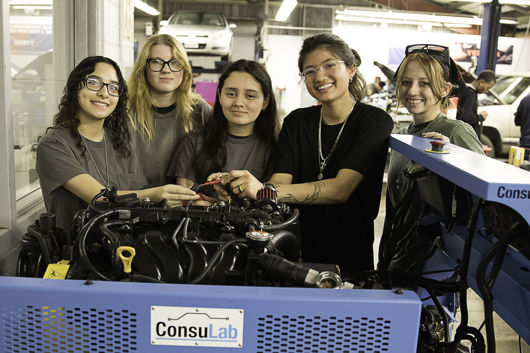 Wharton County Junior College Automotive Technology students demonstrate an engine trainer at the Wharton campus. A Jobs and Education for Texans (JET) grant will enable the program to purchase additional trainers and hydraulic lifts to provide students with more cutting-edge opportunities. 