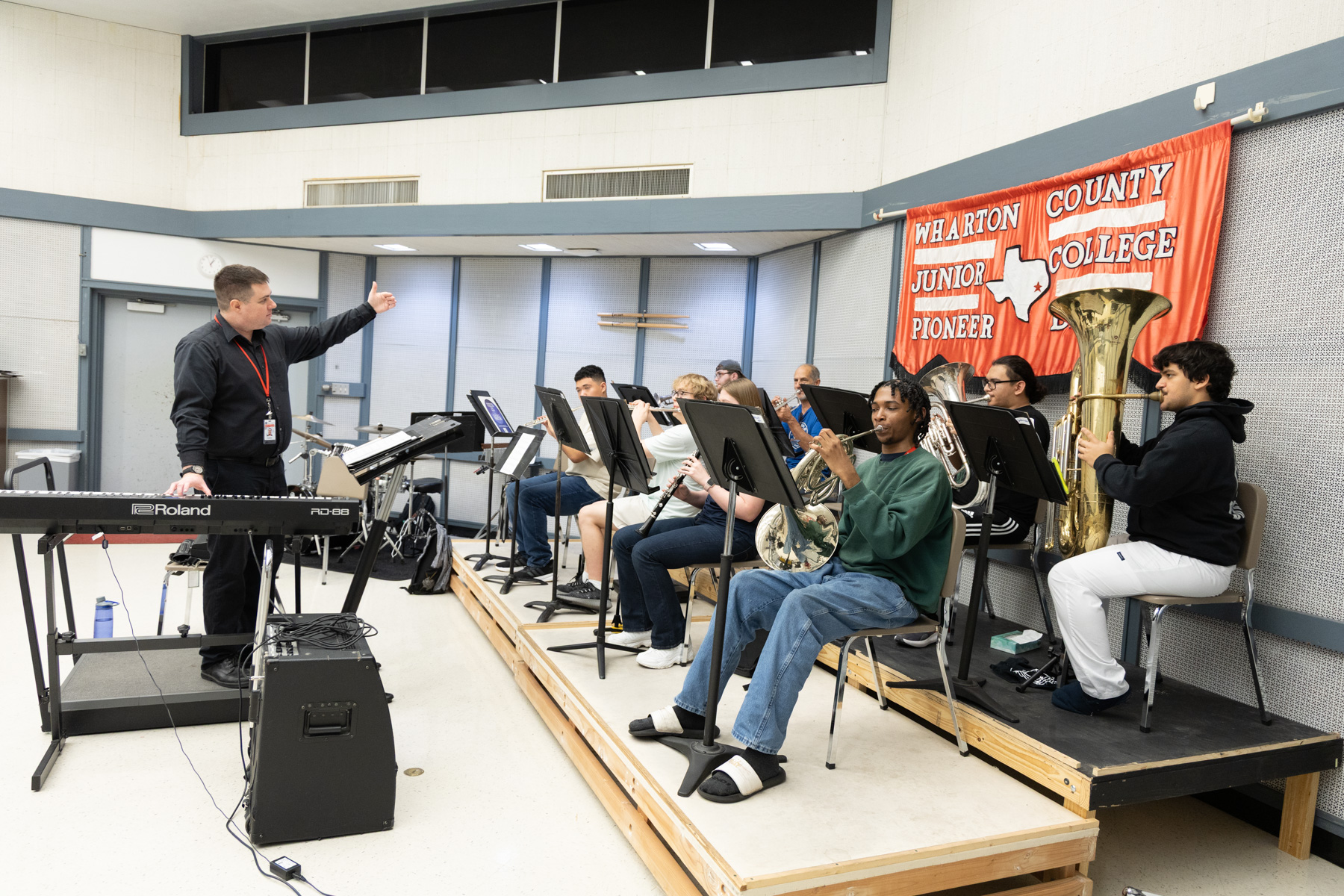 Wharton County Junior College Band Director Dr. Jeffrey Anderson leads students through a rehearsal for the upcoming concert, "From the Pit to the Podium: Broadway Favorites." The concert is scheduled for 3 p.m. and 7 p.m. Tuesday, Feb. 24, in the Horton Foote Theatre on the Wharton campus.