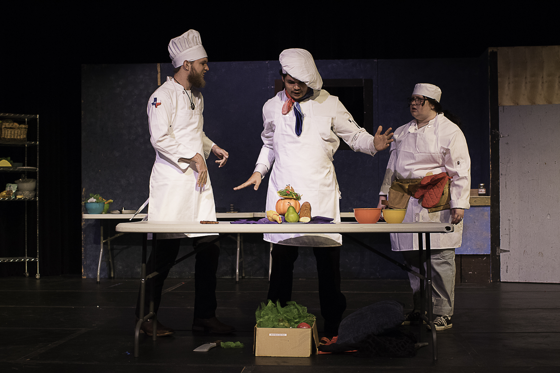 Wharton County Junior College drama department students rehearse a scene from "A Recipe for Disaster." Pictured, from left, are Seth Thayne of Wharton, Danté Hancock of East Bernard and Josie LaPrad of Milford, Mass. 