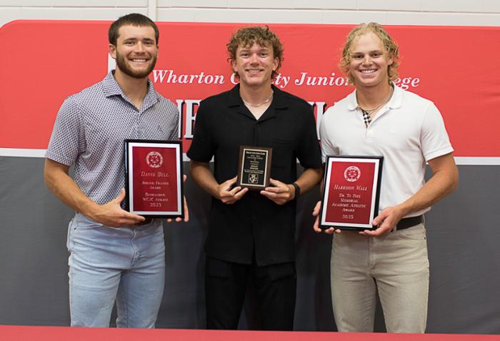 Three members of the Wharton County Junior College Pioneers baseball team were recently recognized for their athletic and academic achievement. From left are David Bell of Evans, Ga., this year's Johnnie Frankie Award recipient; Aidan Goude of Cypress, named the Most Outstanding Student in Kinesiology; and Harrison Wall of Mount Pleasant, winner of the Dr. Ty Pate Academic Award.