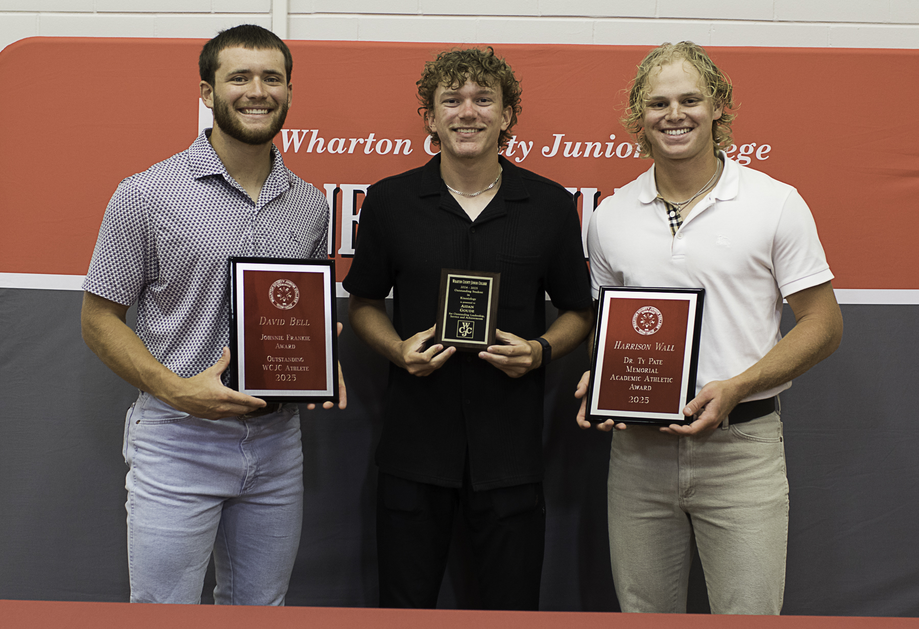 Three members of the Wharton County Junior College Pioneers baseball team were recently recognized for their athletic and academic achievement. From left are David Bell of Evans, Ga., this year's Johnnie Frankie Award recipient; Aidan Goude of Cypress, named the Most Outstanding Student in Kinesiology; and Harrison Wall of Mount Pleasant, winner of the Dr. Ty Pate Academic Award.
