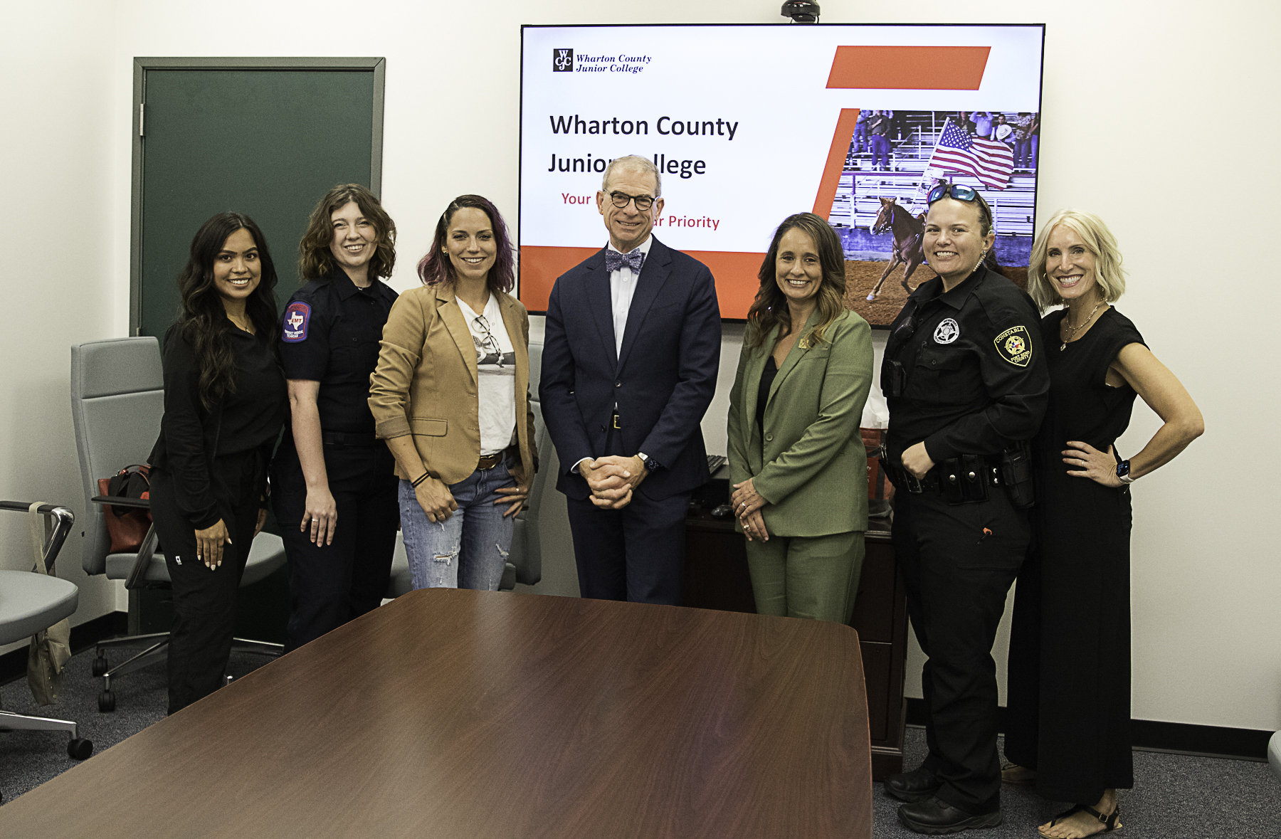 Wharton County Junior College hosted Texas Higher Education Coordinating Board Commissioner Dr. Wynn Rosser at the Richmond campus on Sept. 18. The event included a Student/Alumni Panel Discussion which provided insight on how WCJC has positively affected the lives of students. Pictured, left to right, are cosmetology student Erika Leanos Raigoza, EMS student Ashley Jones, EMS graduate Kristyal Vann, Commissioner Dr. Wynn Rosser, WCJC President Dr. Amanda Allen, police academy graduate Elizabeth Smith and dental hygiene graduate Angela Toler.
