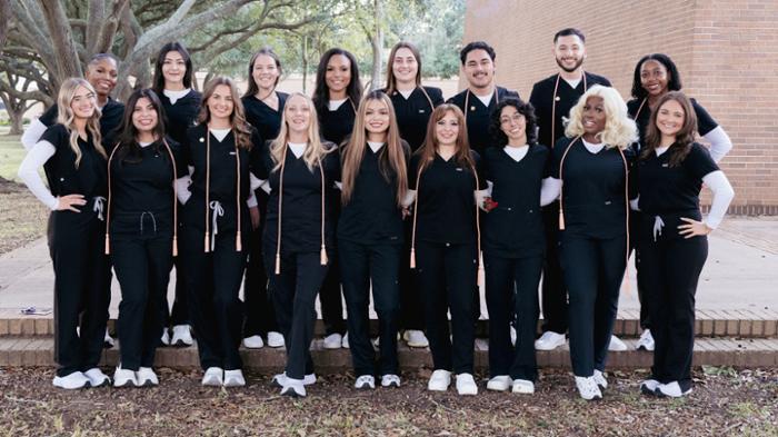 Seventeen students graduated from WCJC’s Associate Degree Nursing program this fall. Pictured, front row, from left, are Alyssa Schelsteder of Columbus, Gabrielle Silva of Rosenberg, Kenadi Domel of East Bernard, Stefanie Porter of Sugar Land, Karen Montes of Richmond, Dalia Romany of Sugar Land, Sara Moghanloo of Richmond, Perpetual Ikondu of Houston and Emily Cancelliere of Richmond. Back row, left to right, are Ebony Greely of El Campo, Alyssa Robles of Rosenberg, Sarah Medeiros of Sugar Land, Madison Windon of Missouri City, Devon Raney of El Campo, Carlos Machado of Richmond, Juan Nunez Valdivia of Houston and Destiny Finecountry of Fulshear.
