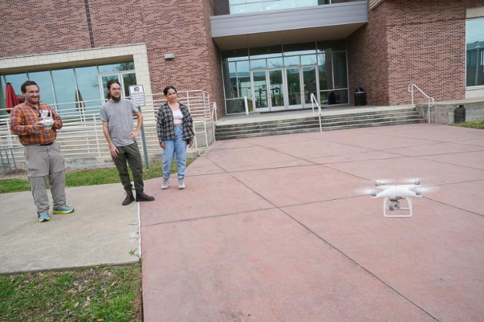 A National Science Foundation grant will help Wharton County Junior College provide hands-on learning for geology students. Pictured are WCJC Geology Instructor Peter Anderson operating a drone while students Anthony McKean of Clearlake, Calif., and Emily Gonzales of El Campo look on. 