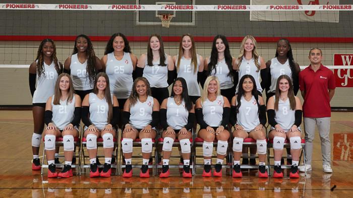 The WCJC Pioneers volleyball team opens its 2025 season on Aug. 16. Seated, left to right, are Hadley Holchak of Richmond, Blair Kram of Sealy, Kieryn Adams of Schulenburg, Kristel Cababasay of Huntsville, Kennedy Davidson of Santa Fe, Maybelline Garcia of Richmond and Gabriela Young of Katy. Standing, left to right, are Kera Arrington of La Porte, Sediong Scott of Houston, Addilyn Webb of Santa Fe, Mylie Thiesen of Huntsville, Lauren Wood of Katy, Elaiza Martinez of Rio Grande City, Jaycee Spears of Lumberton, Tylah Spriggins of Katy and Head Coach Jerrick Cabrales.