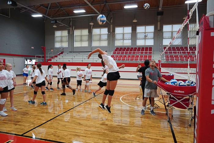 Participants of last year’s Wharton County Junior College summer volleyball camp work on their skills at the Gene Bahnsen Gymnasium in Wharton. WCJC’s volleyball and baseball programs will sponsor summer camps again this year. 