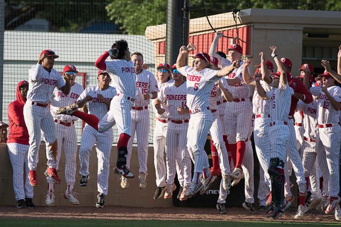 Wharton County Junior College Pioneers baseball players celebrate a homerun this past season. A number of WCJC's baseball and volleyball players were recently recognized for academic excellence. 